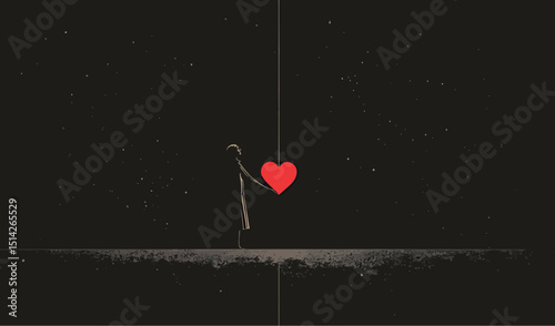 Minimalist illustration of a figure holding a red heart against a starry night sky.