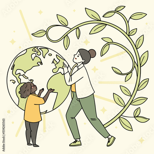 Woman and child admiring earth surrounded by flourishing plant life