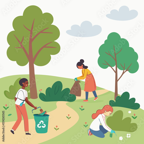Diverse group of volunteers cleaning a park together