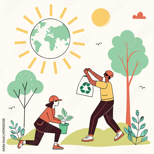 People planting a tree and recycling in a park