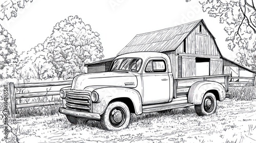Vintage truck by a barn