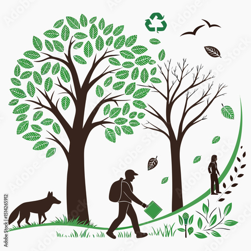 Hiker carrying a green box near leafy trees and recycling symbol