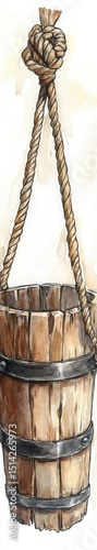 Wooden well bucket hanging by rope