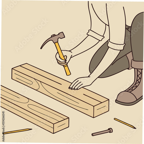 Person hammering wood planks isolated on white background