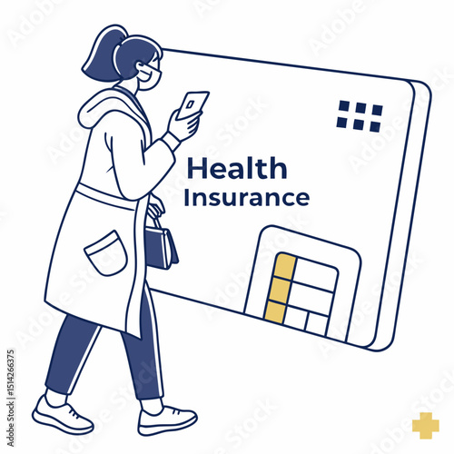 Woman walking with large health insurance card using smartphone