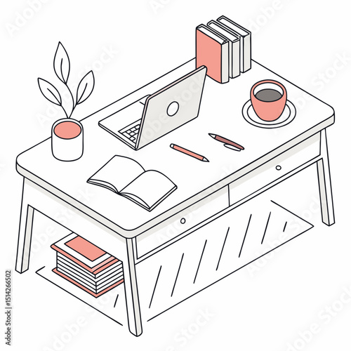 Cozy workspace with laptop books plant and coffee