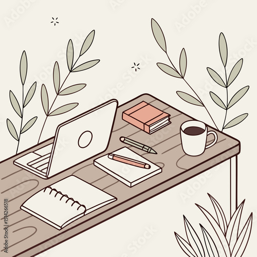 Cozy workspace minimalist laptop notebook coffee plants