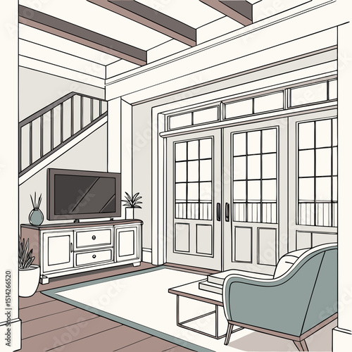 Modern living room design illustration featuring a comfortable sofa and large windows