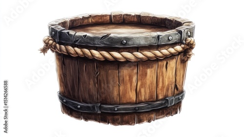 Wooden barrel with rope and metal bands