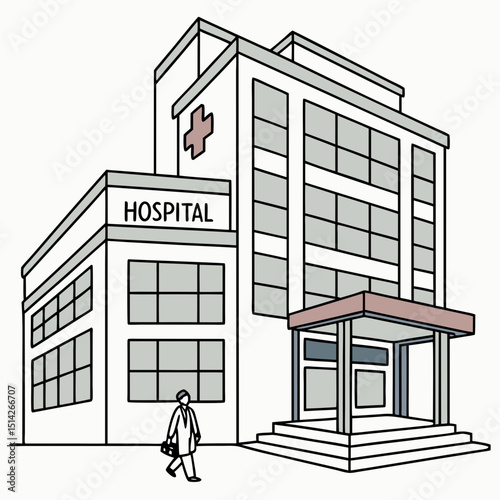 Modern hospital building exterior doctor walking