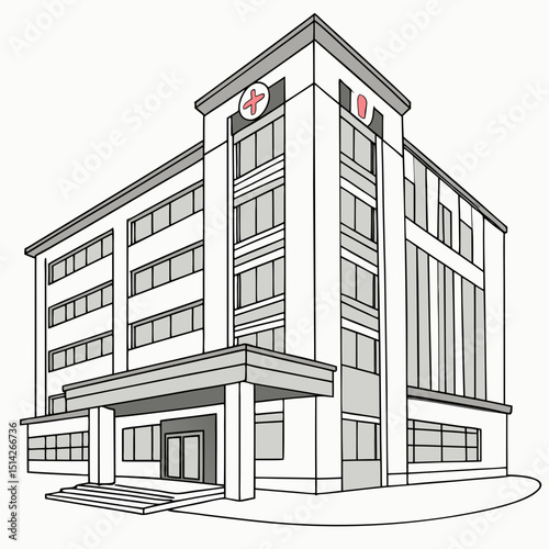 Modern hospital building exterior architectural design illustration