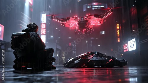 Cyberpunk city rain scene, futuristic drone, lone figure in dark attire, vehicle on wet street, neon lights, red glowing drone, dark atmospheric mood