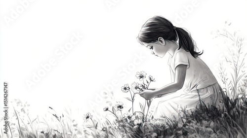Girl examining wildflowers