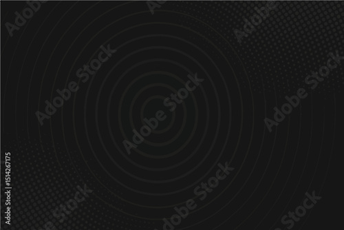 Abstract black background with concentric circles and halftone pattern. Vector illustration.