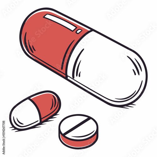 Cartoon illustration of red and white capsule and tablet pills