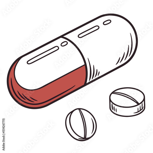 Capsule and tablets medical illustration hand drawn style