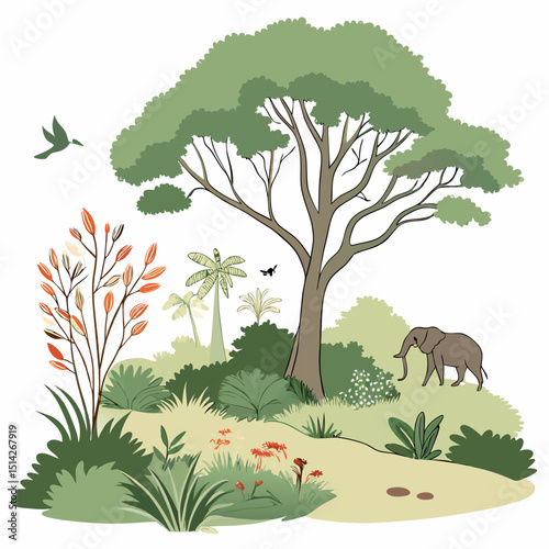 African savanna landscape illustration elephant tree birds plants