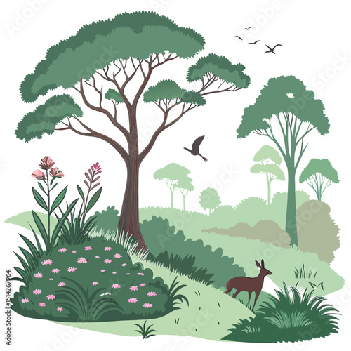 Serene african savanna landscape with wildlife and lush vegetation