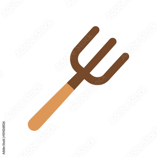 A stylized brown threepronged pitchfork with a tan handle