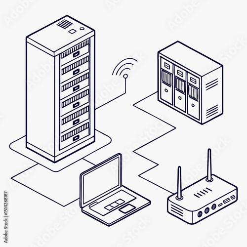 Network infrastructure isometric illustration server laptop router