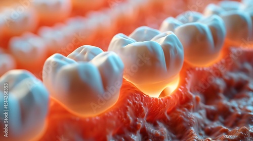 High resolution close up of a babys first tooth emerging from the gum highlighting early dental development