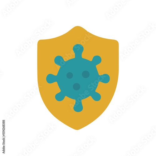 A golden shield displays a cyan virus symbolizing disease defense and protection