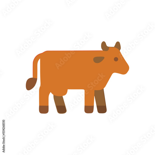 A cartoonish boxy orange cow with brown legs horns tail and eye patch stands on a white background