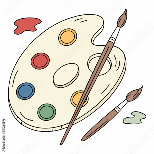 Artists palette with paint and paintbrushes colorful art supplies