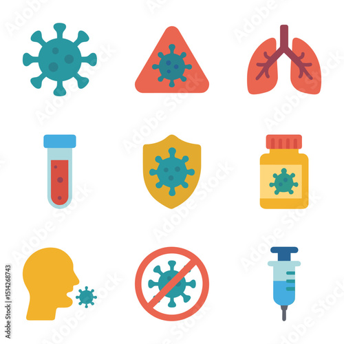 Nine icons depict viruses lungs medicines and prevention symbols in a grid format