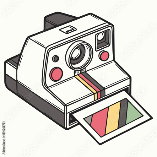 Vintage instant camera with developed photo retro photography equipment