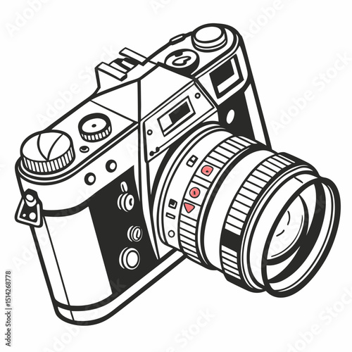 Vintage 35mm film camera illustration black and white photography equipment