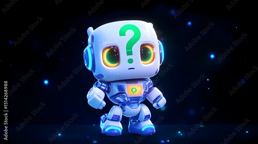 A curious, white and blue robot with glowing eyes and a question mark on its head stands against a dark, starry background A curious, white and blue robot with glowing eyes and a question mark on its head stands against a dark, starry background