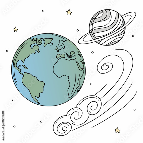 Cute cartoon earth planet saturn stars space swirls