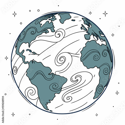 Whimsical earth illustration swirling winds celestial design