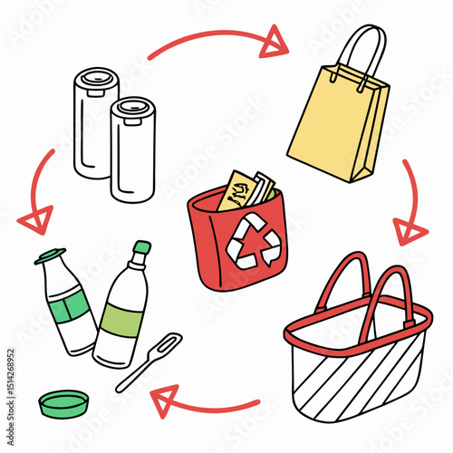 Recycling process illustration showing different materials and containers