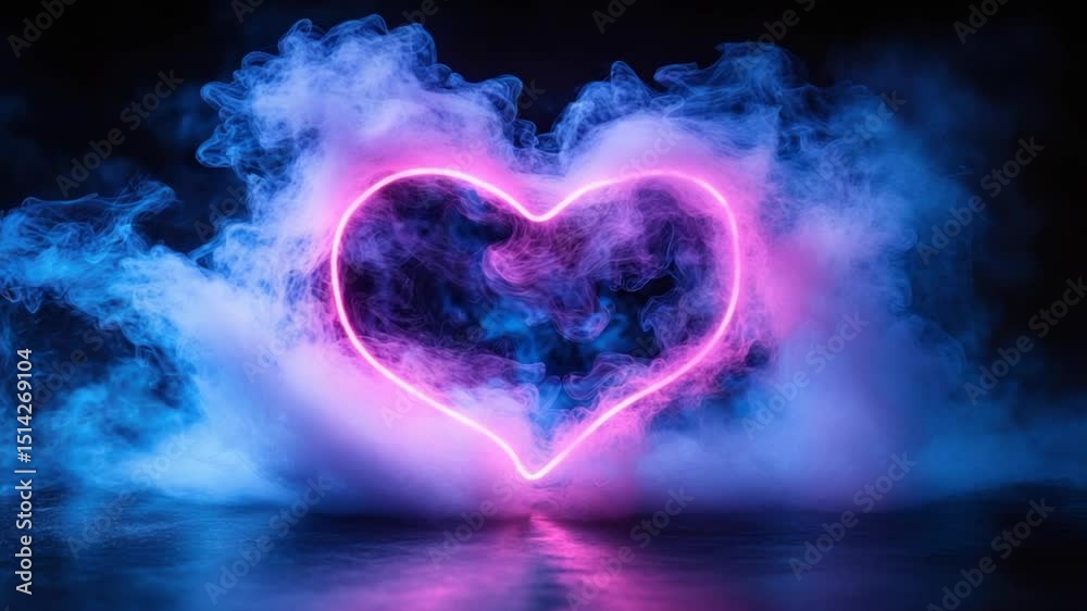 Neon pink heart shape outlined by swirling blue and pink smoke on a dark background