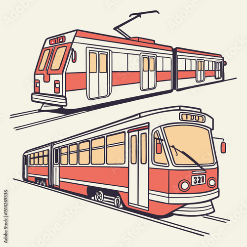 Retro style tram and trolley illustration transportation design