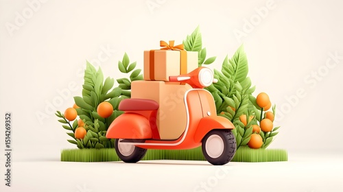 A red scooter carries gifts amidst lush greenery on a minimalist white background