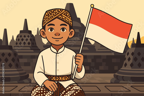 Indonesian Boy Holding Flag at Borobudur Temple Vector Art