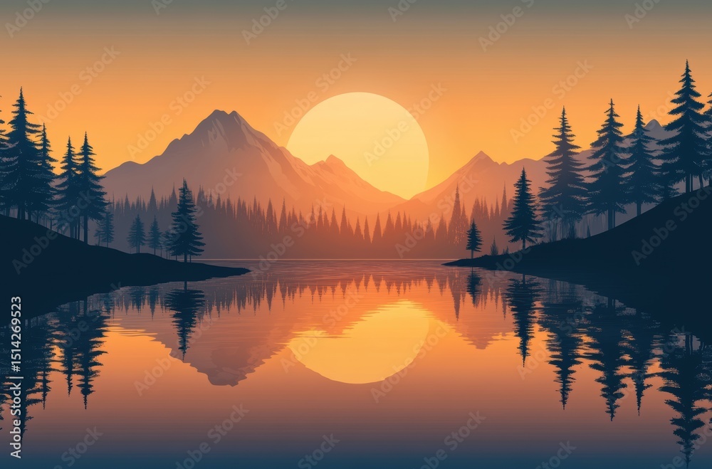 Fototapeta premium Sunset over serene mountain lake, pine trees reflected in still water