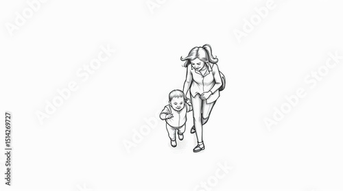 Wallpaper Mural A sketch depicts a mother and toddler walking forward, both facing the viewer, against white Torontodigital.ca