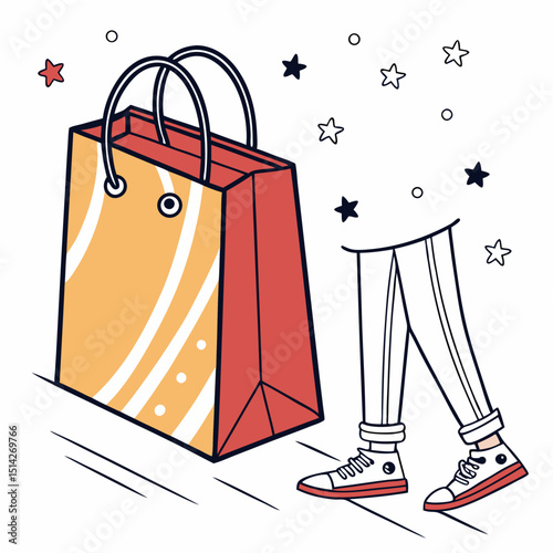 Stylish shopping bag and sneakers illustration, transparent background