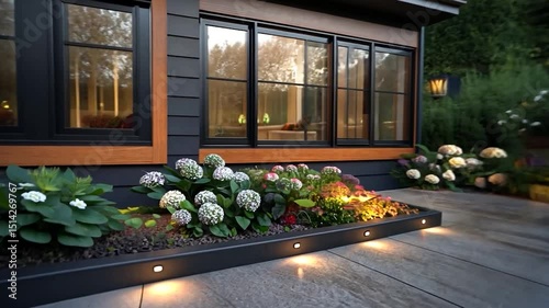 Modern home exterior at dusk, featuring a dark gray and wood facade, illuminated landscaping with hydrangeas, and a concrete patio. Soft lighting creates a tranquil evening atmosphere