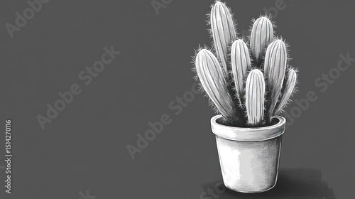 A grayscale illustration of a cactus in a pot