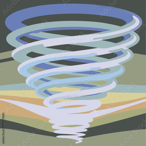 Illustration of a swirling tornado over a colorful landscape