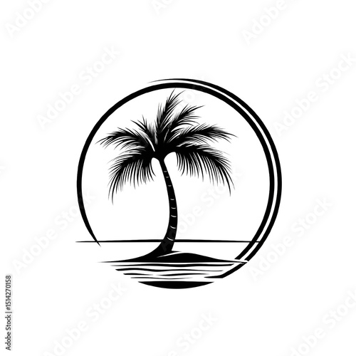 Elegant black and white tropical palm tree within a circular frame design