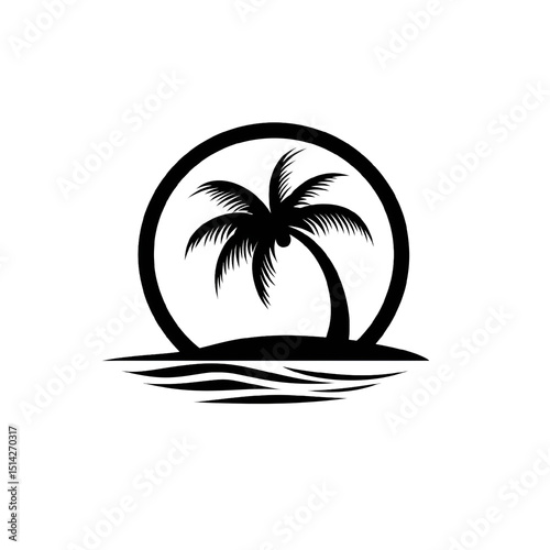 Silhouette of a palm tree within a circle representing tropical vacation or beach escape