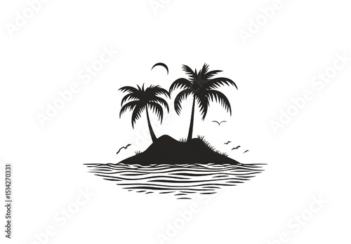 Silhouette illustration of a tropical island with palm trees birds and ocean waves