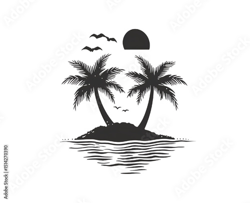 Silhouette of tropical island with palm trees birds and sun in black and white