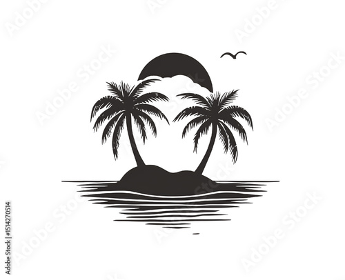 Silhouette of tropical island with palm trees sun and bird minimalist design for vacation